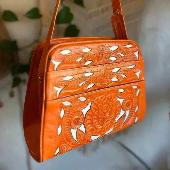 Handcrafted Tooled Leather Bag - 10x9 Orange Crossbody Purse Made in Mexico - Picture 2 of 12